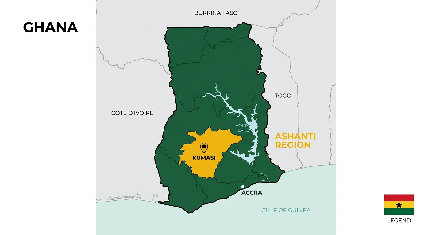 Kaart van Ghana met de Ashanti-regio en Kumasi